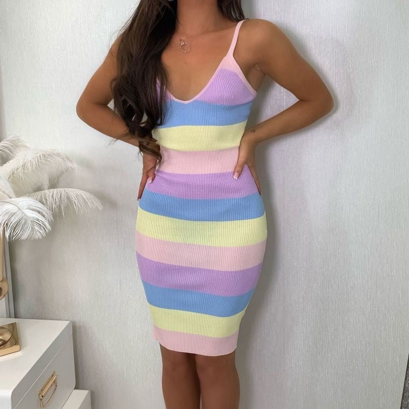 Colorful Striped Knitted Cami Dress Skinny Bodycon Summer Holiday Chic Women Sleeveless Backless Sundress Beach Style Outfits