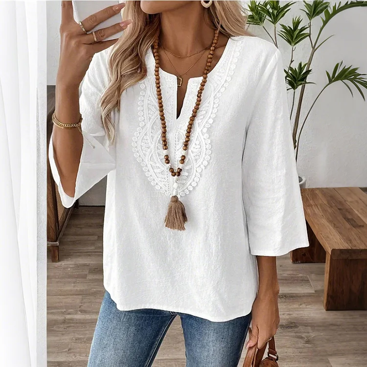 Elegant Lace-trimmed Comfortable V-neck Shirt