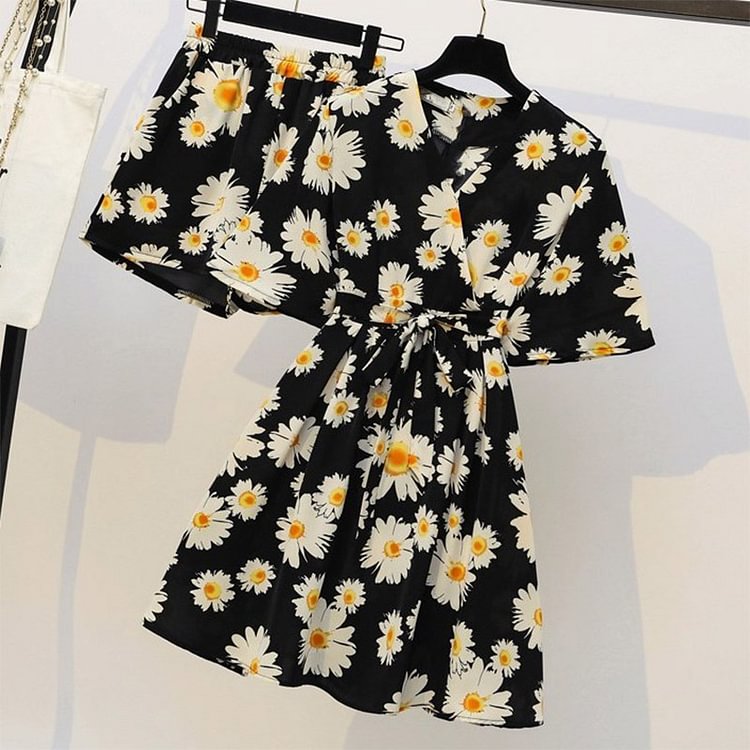Flower Print Chiffon Dress Shorts Two Piece Set  - Modakawa Modakawa