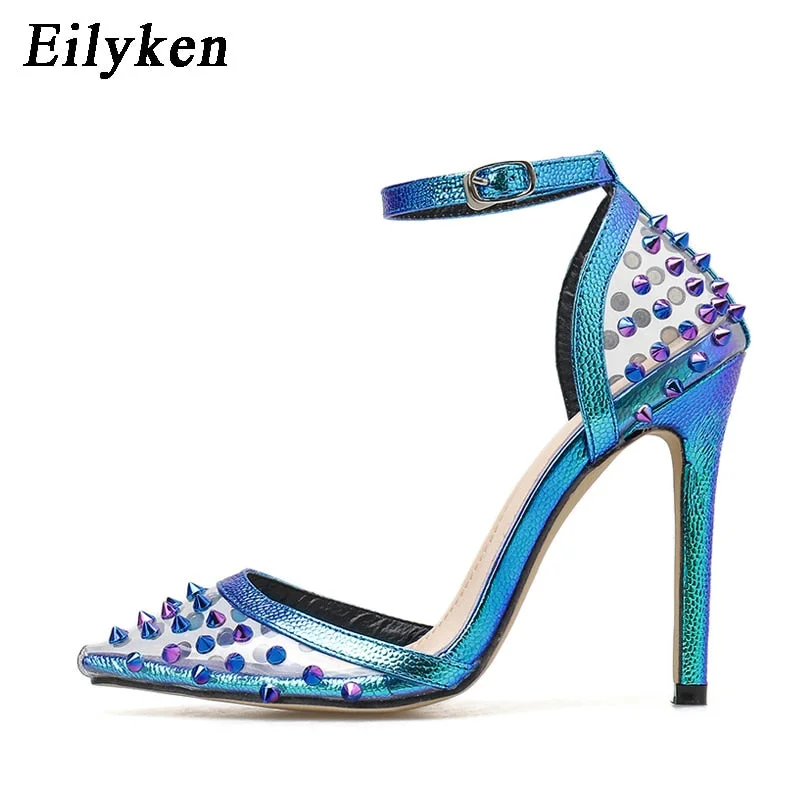 EilyKen Elegant Blue High Heels Women Pumps Pointed Toe Wedding Shoes Buckle Strap Party Rivet Pumps Shoes Women