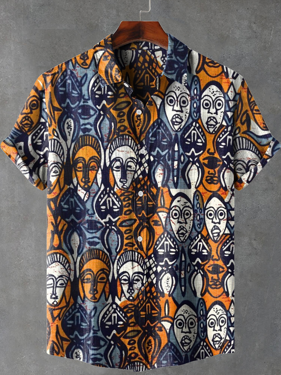 Africa Tribal Ethnic Mask Art Print Casual 100% Cotton Shirt