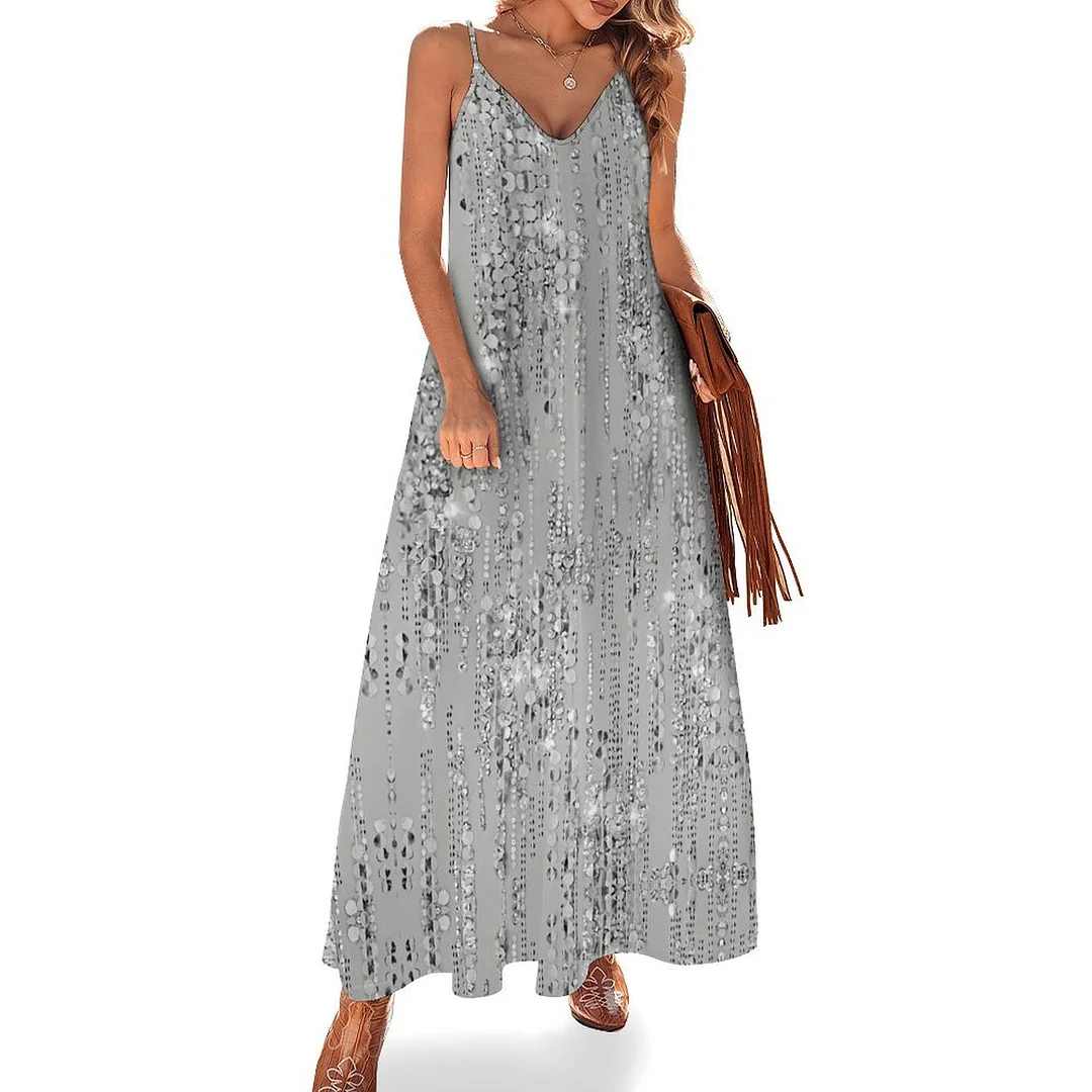 Style & Comfort for Mature Women Plus Size Printed Sling Casual Women Maxi Dress in Pattern Glitter, Silver