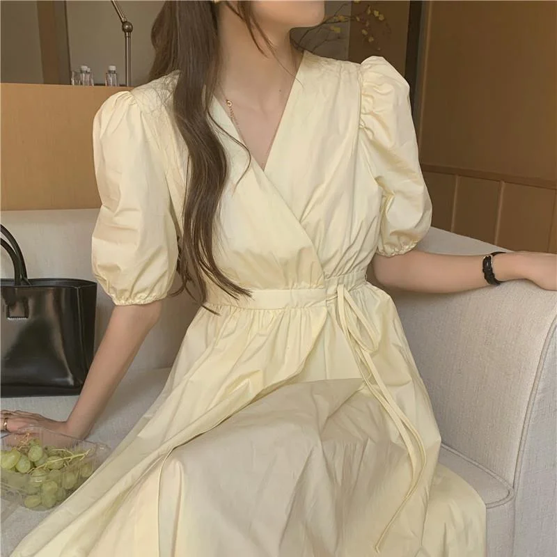 Yellow Dress Women Summer Puff-sleeve Mid Calf Harajuku Sweet Students BF All-match Thin Casual Sundress Chic Breathable Design