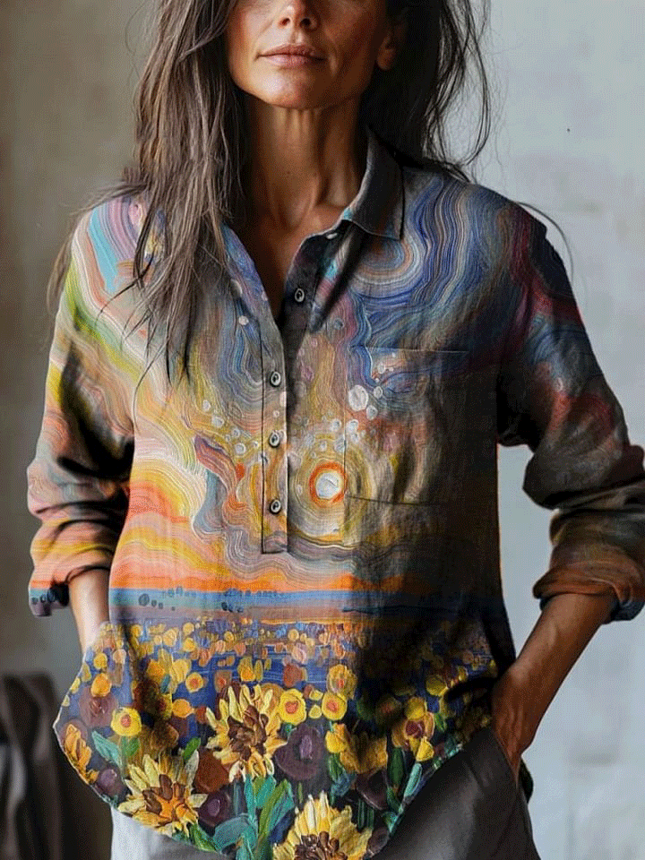 Women's Vintage Abstract Color Floral Art Print Casual Cotton And Linen Shirt