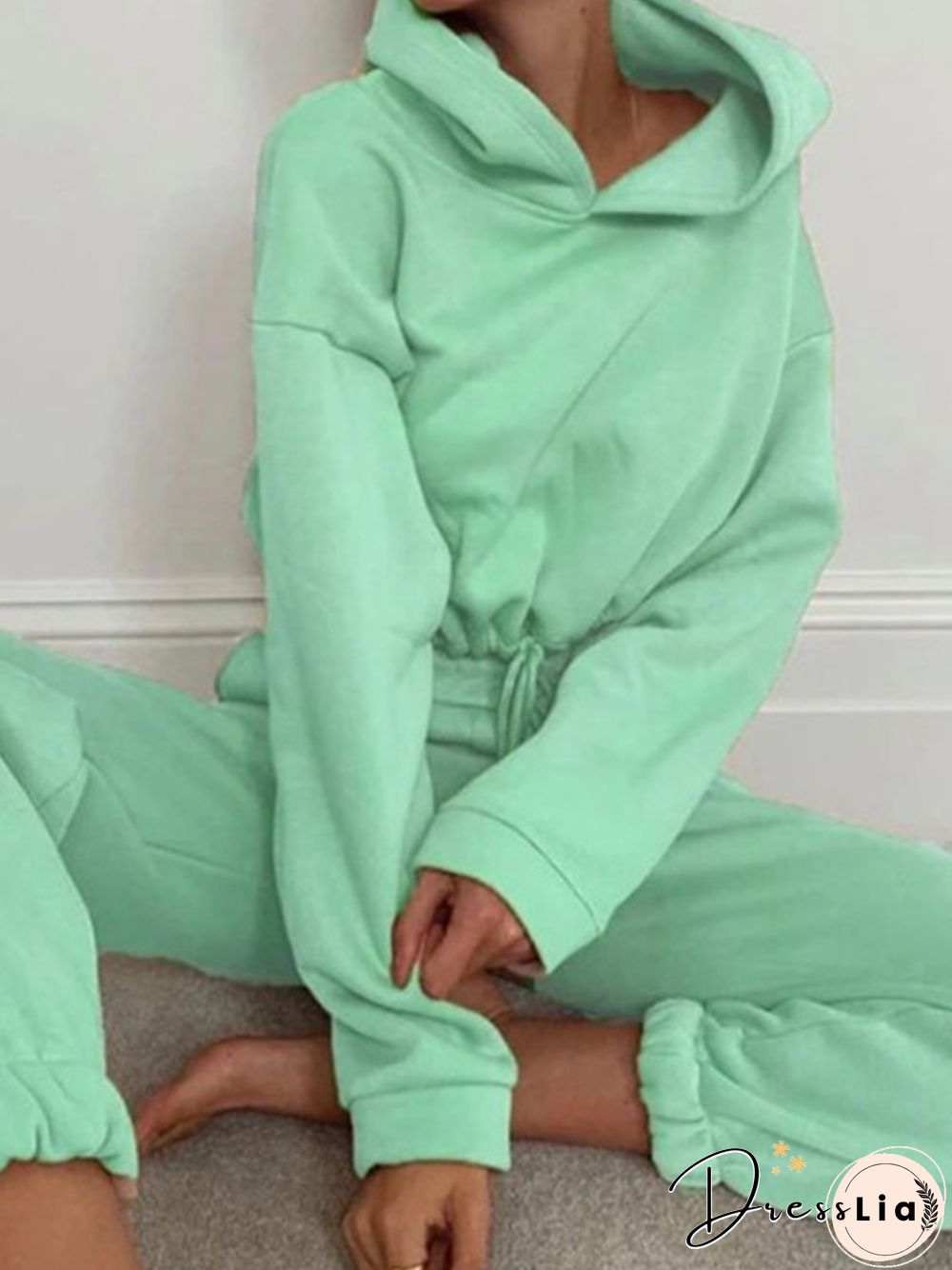 Plain Short Long Sleeve Hoodie 2-Piece Set