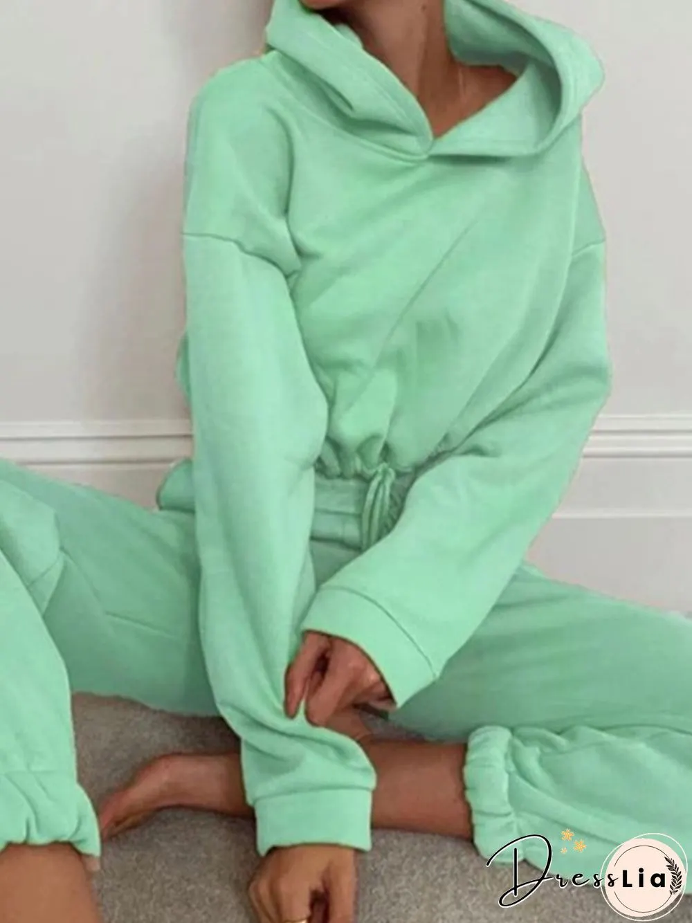 Plain Short Long Sleeve Hoodie 2-Piece Set