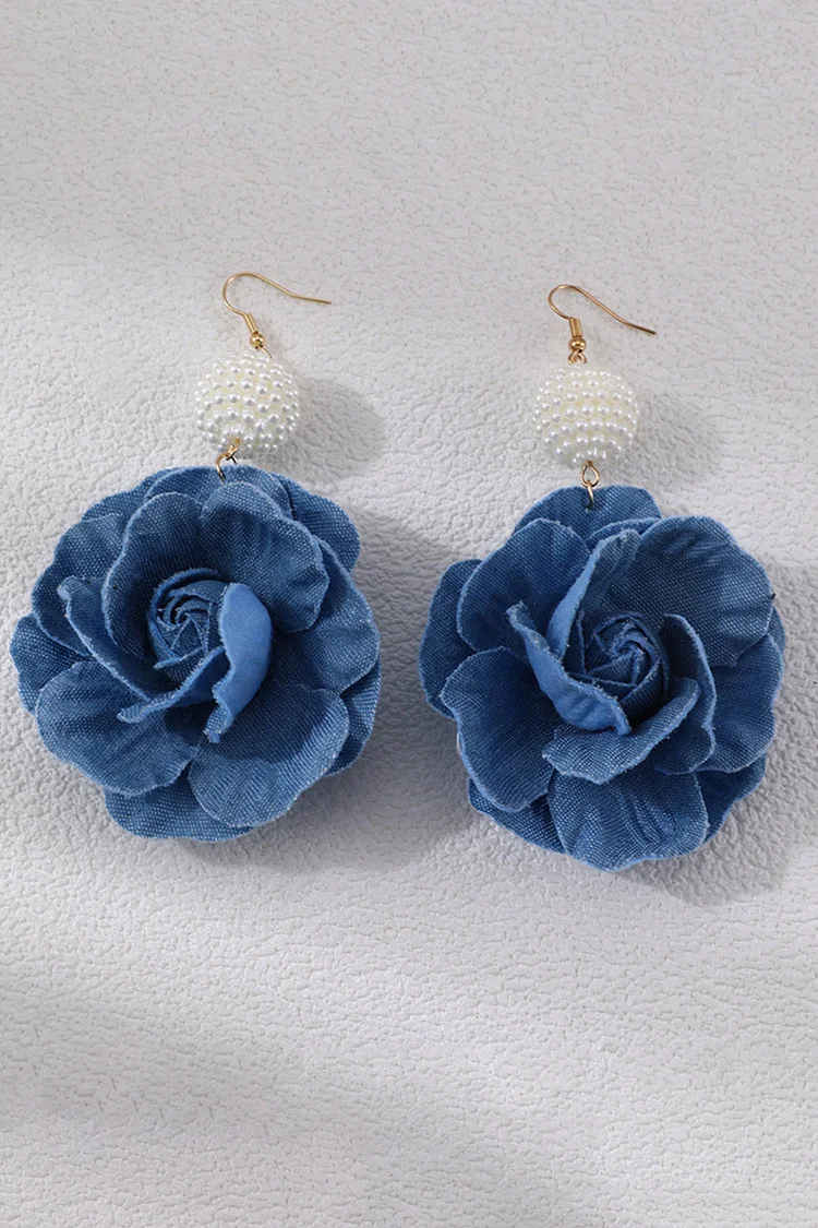 Party Denim Camellia Flower Plated Pearl Dangle Earrings 2024 - Xpluswear
