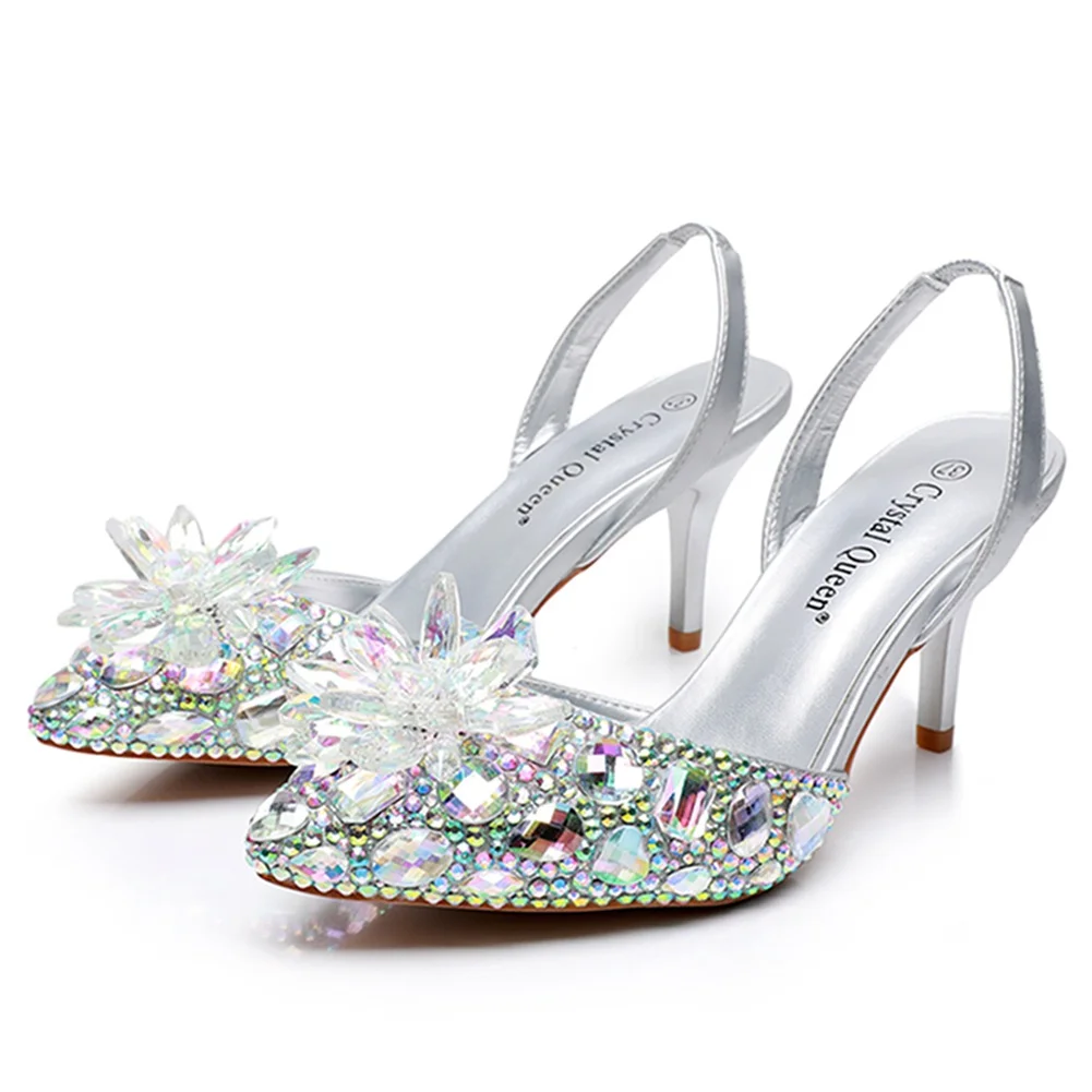 Breakj Breakj Cm Silver Light-Mouthed Pointed Sandals Water Drill Glass Fine Heel Sandals Large Wedding Shoes Bride Wedding Women's Shoes