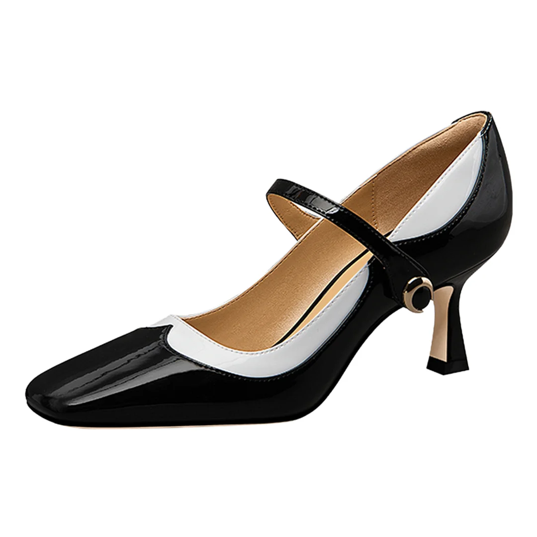 Vintage Black & White Patent Leather Square Toe Mary Jane Heels