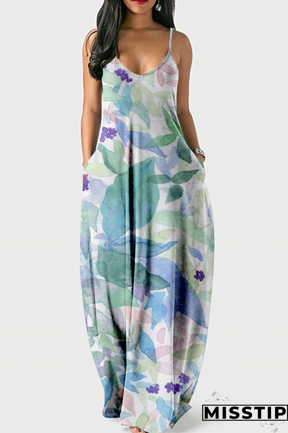Dark Blue Casual Print Patchwork Spaghetti Strap Sling Dress Dresses