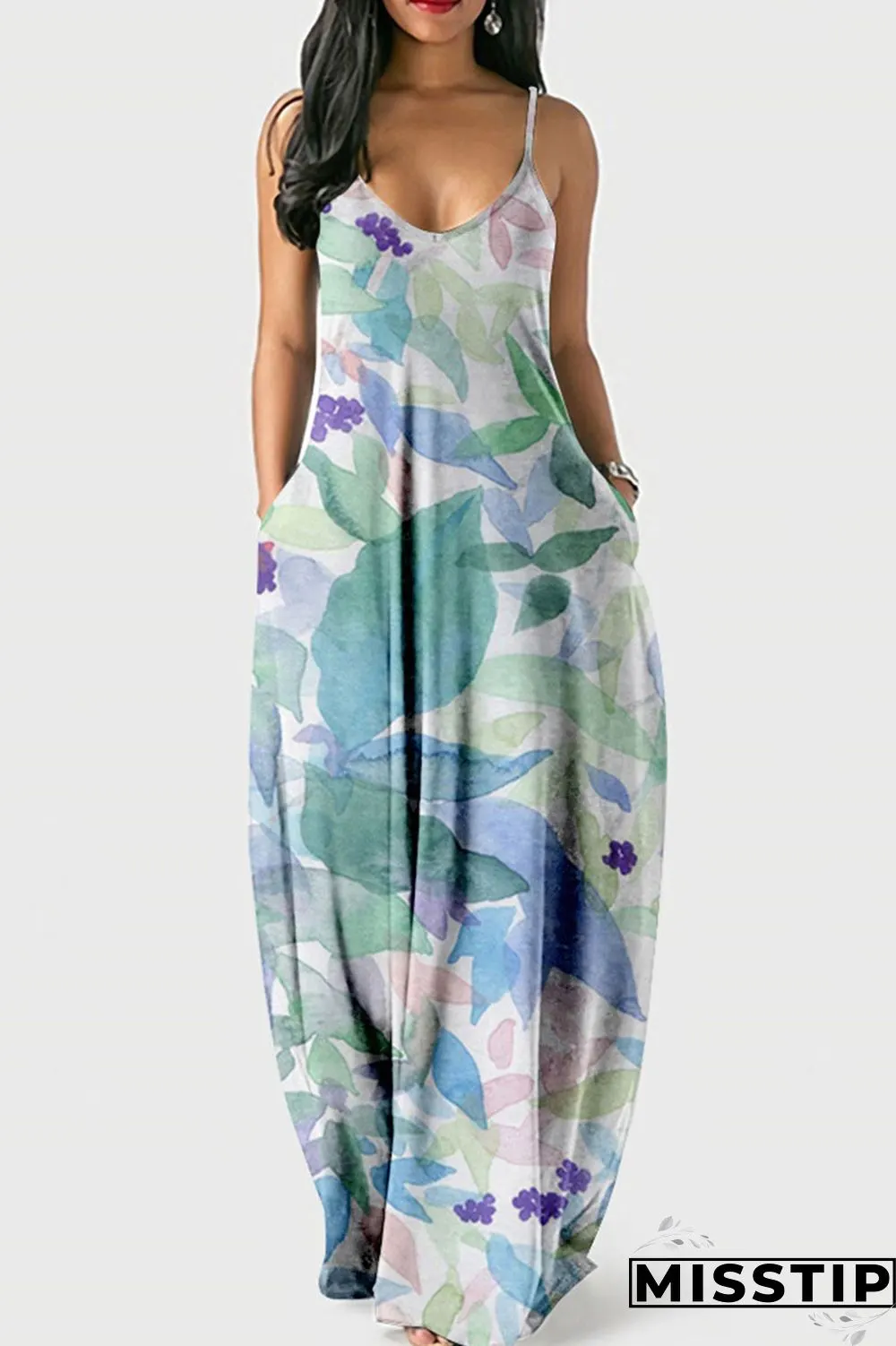 Dark Blue Casual Print Patchwork Spaghetti Strap Sling Dress Dresses