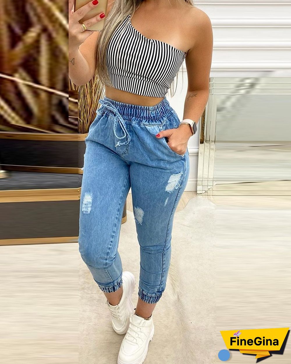 Solid Color Drawstring Elasticized Waist Ripped Jeans