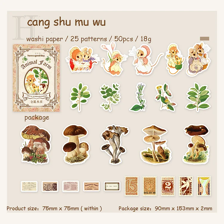 Journalsay 50 Sheets Cute Animal Washi Stickers DIY Cartoon Journal Scrapbooking Decoration Collage Kawaii Stickers