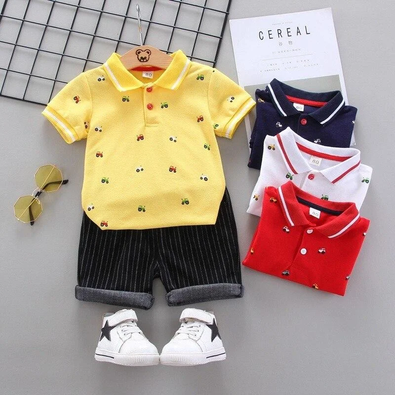 Toddler Clothes for 1 2 3 4 Y Boys Summer Short-sleeved Suit Printed T-shirt + Black Striped Breechcloth 2 Pcs Children Outfits