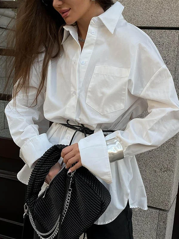 Buttoned Pockets Solid Color Long Sleeves Loose Lapel Blouses&Shirts Tops