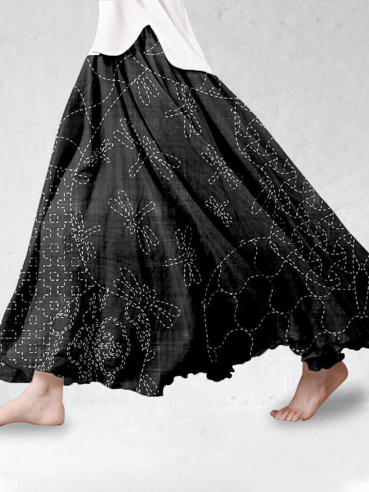 Comstylish Vintage Japanese Sashiko Linen Blend Flowy Wide Skirt