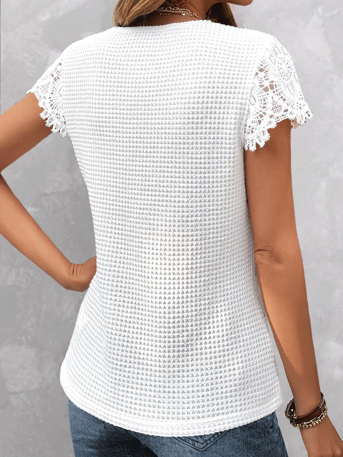 Women Short Sleeve V-neck Solid Button Lace Tops