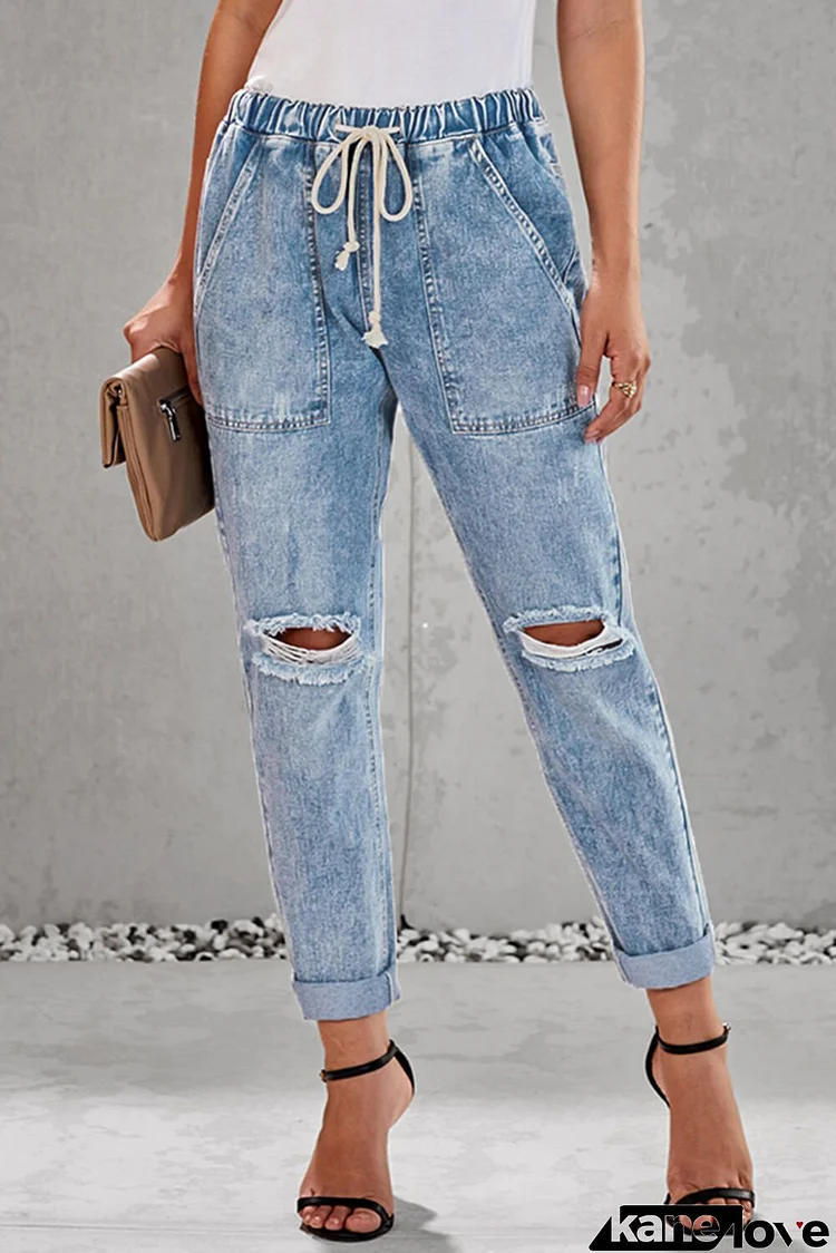 Sky Blue Gather Round Distressed Pocketed Hole Denim Jogger