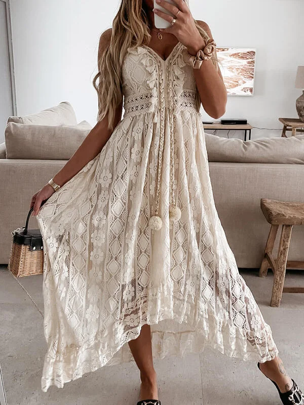 Lacy Crochet Condole Belt Midi Dress