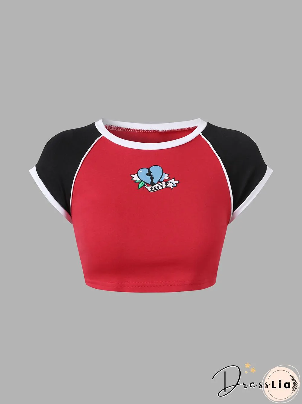 Heart Graphic Contrast Color Short Sleeve Crop Top