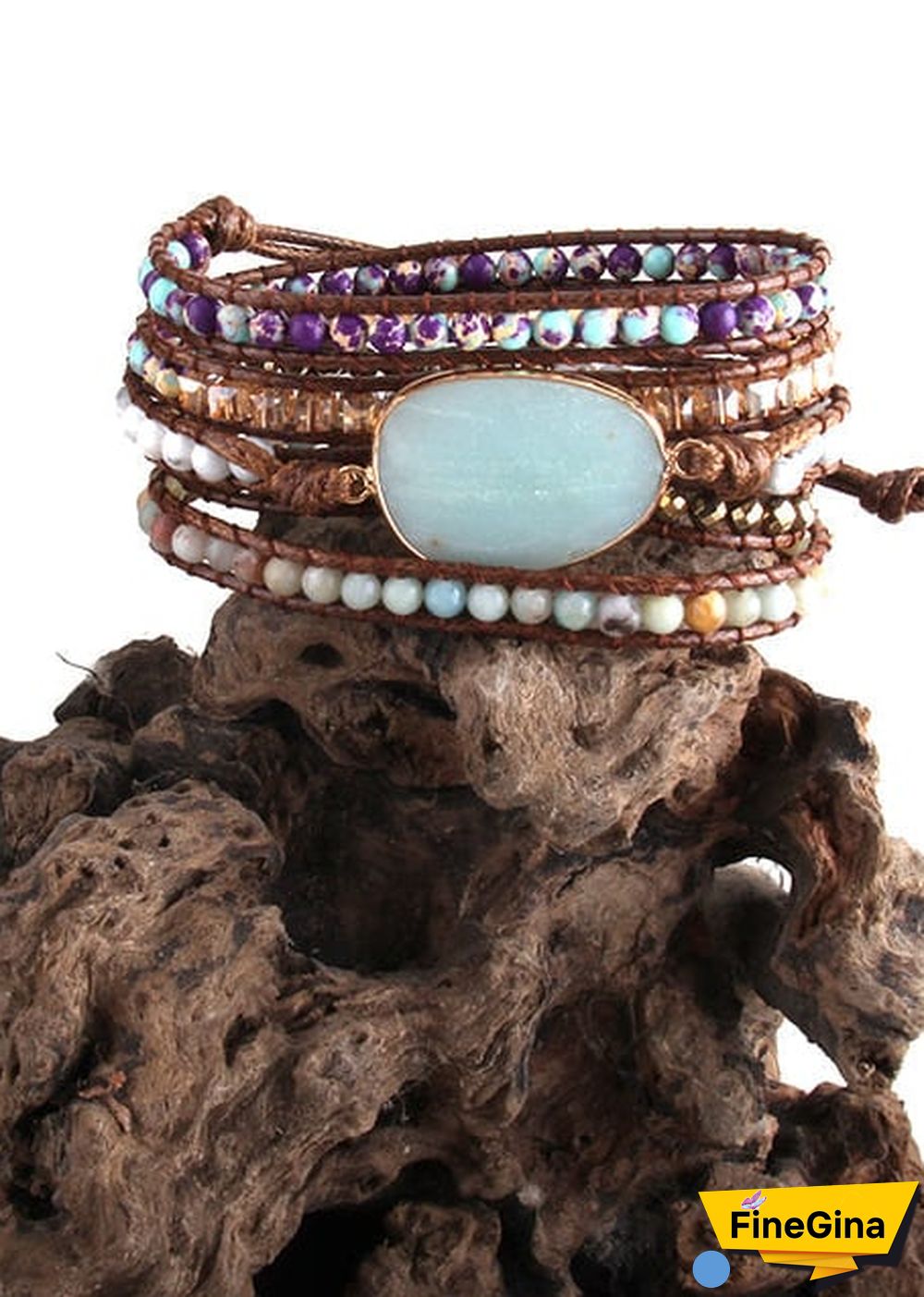Boho Bracelet, RH 5 Layers Leather Wrap Bracelet, Natural Stones, Crystal Silver