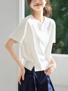 Athvotar Athvotar Short-Sleeved T-Shirt Women's Summer 2025 New Casual Design Feeling Under The Fork Decorative Buckle Clasp Blouse
