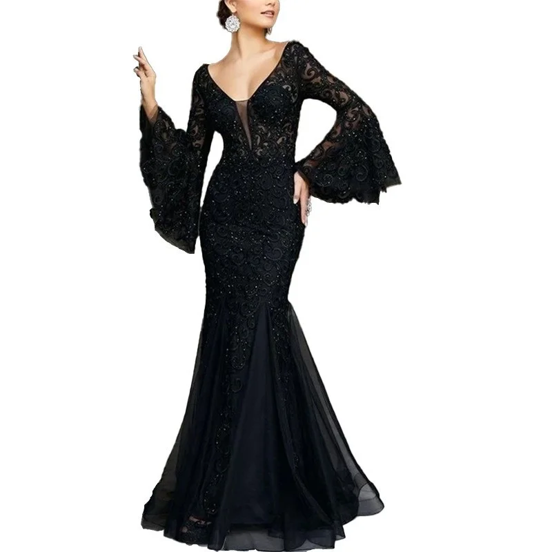 Uveng Uveng Summer New Elegant Sexy Fishtail Long Banquet Dress Female Black Anchor Lace Dress