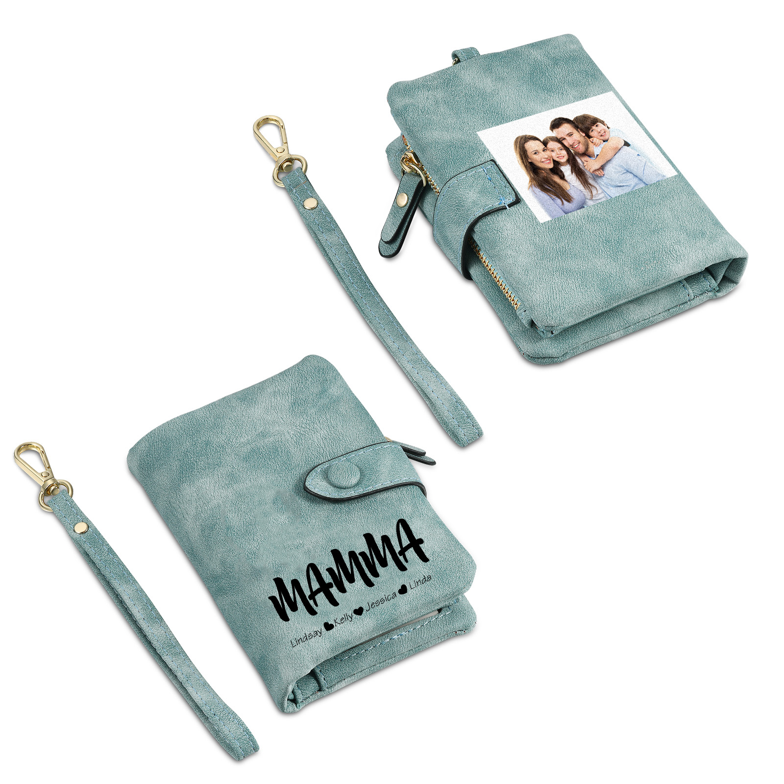 Portafoglio in PU pelle con 4 nomi & 2 testi & 1 foto personalizzati per mamma