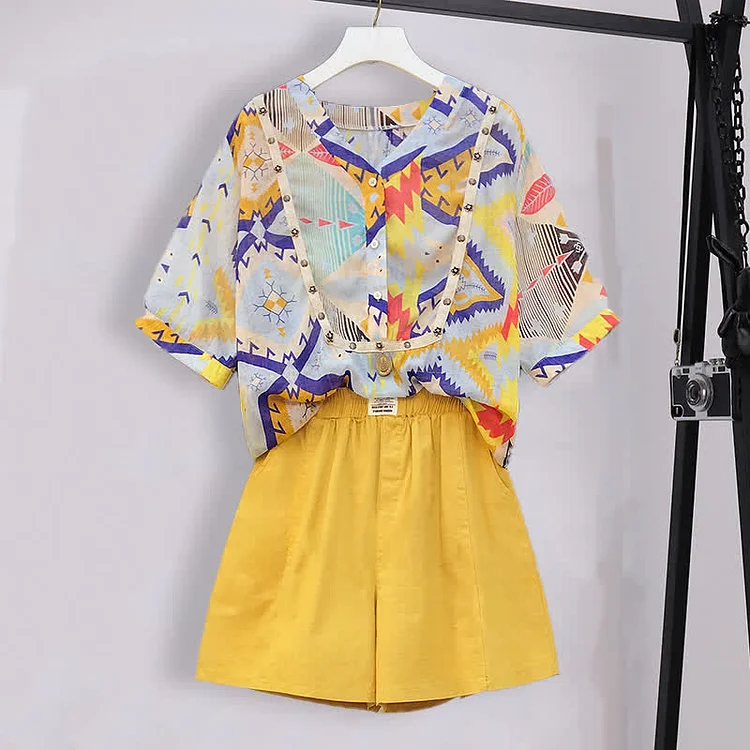 Colorblock Print V-neck T-Shirt Elastic Waist Shorts Two Pieces Set - Modakawa modakawa