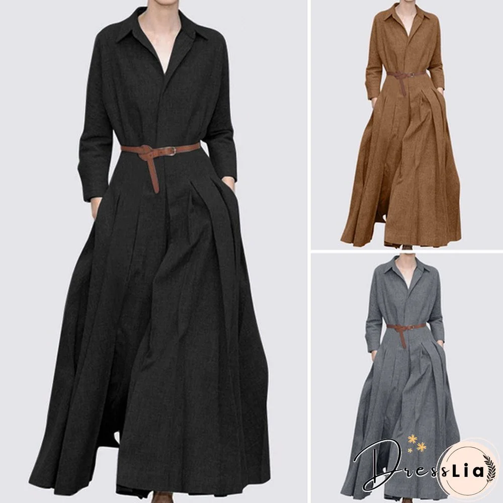 Women Belt Pleated Plain Long Maxi Dress Loose Long Big Swing Dress Plus Size
