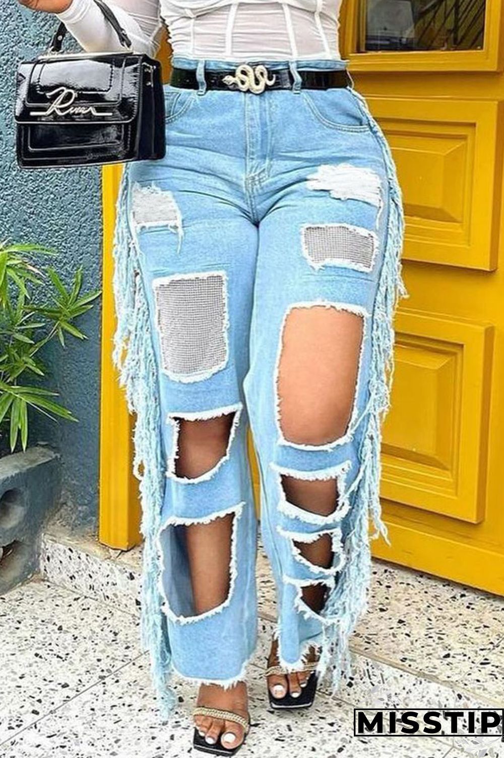 Light Color Street Solid Tassel Ripped Hollowed Out Patchwork High Waist Loose Denim Jeans