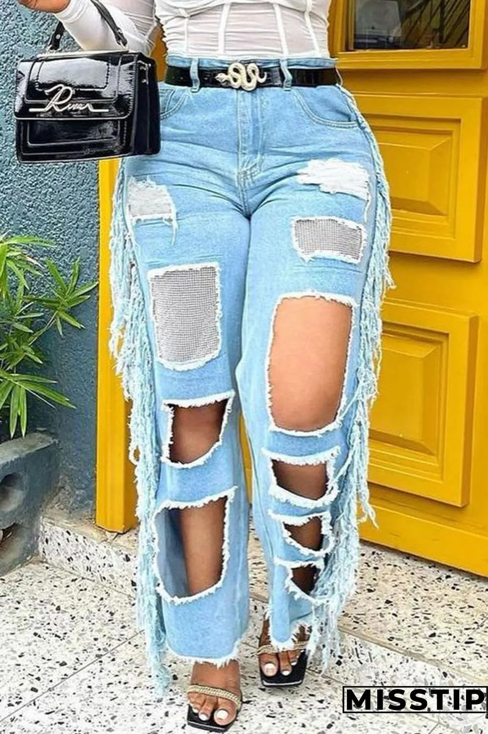 Light Color Street Solid Tassel Ripped Hollowed Out Patchwork High Waist Loose Denim Jeans