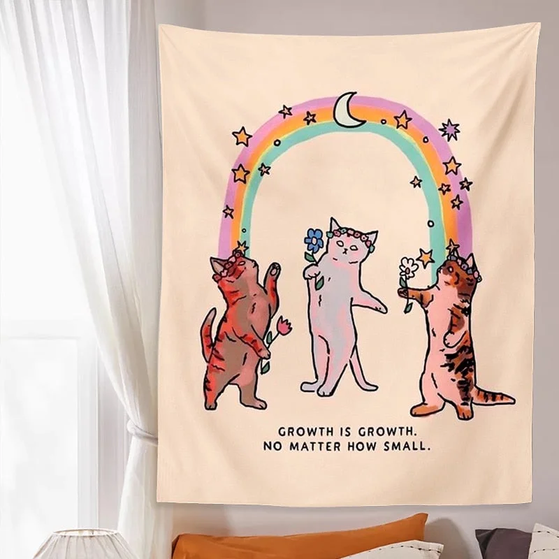 Cute Cat Tapestry sunshine rainbow Wall Hanging Cartoon Cat Bohemian Decoration Home for Living Room Kids Room Bedroom Wall Art