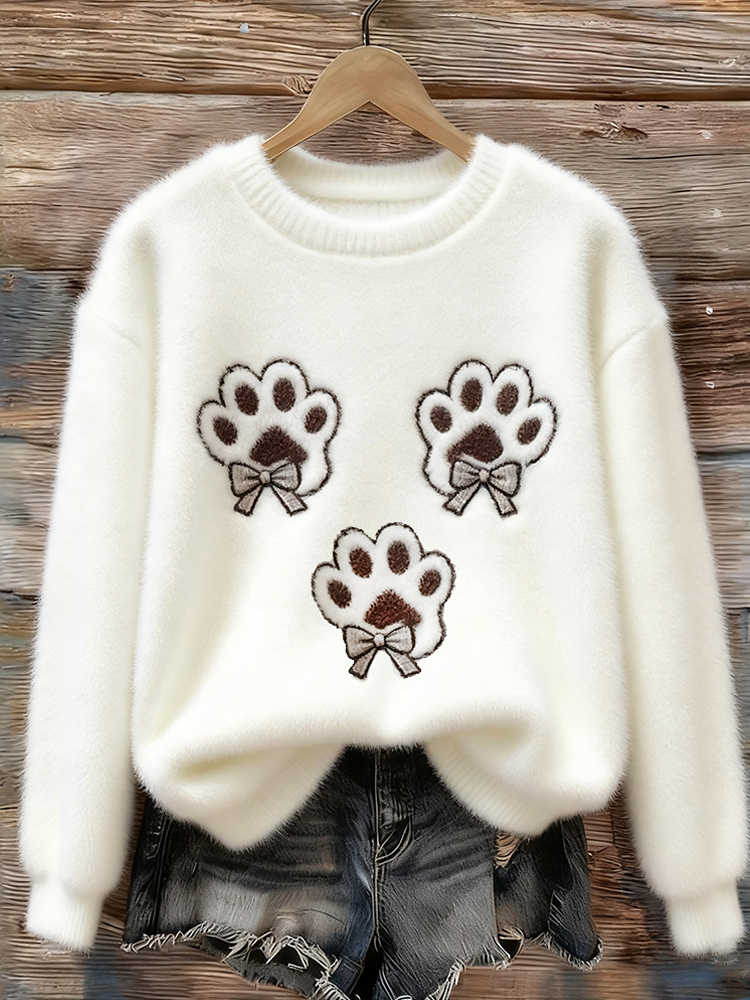 Cat Paw Print Flannel Crew Neck Sweatshirt elevenforest