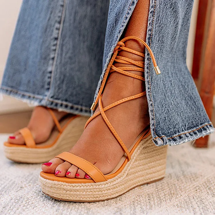 Orange Strappy Shoes Open Toe Wedge Sandals Classic Wrap Heels |FSJ Shoes