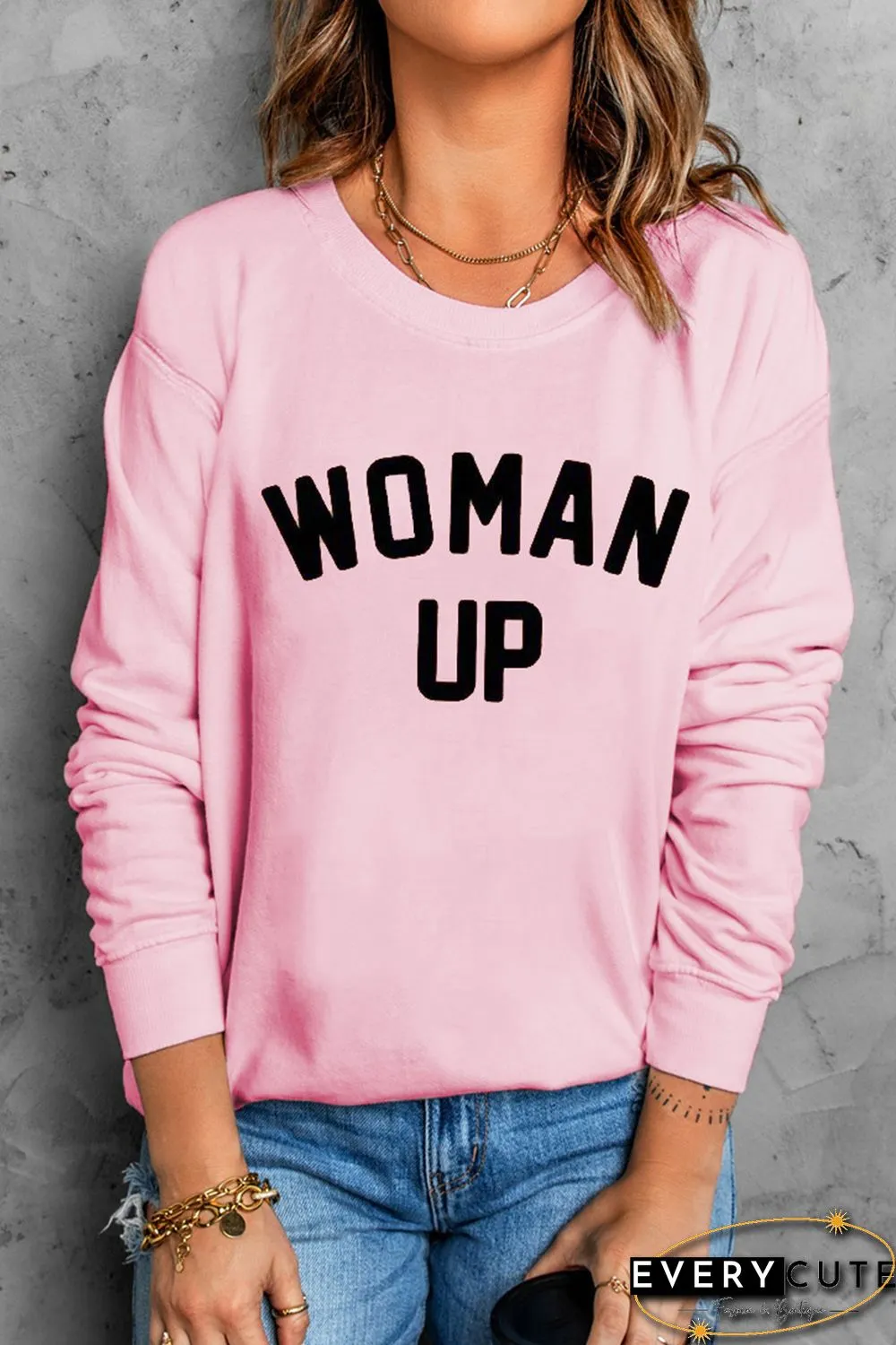 Pink WOMAN UP Drop Sleeve Crewneck Pullover Sweatshirt