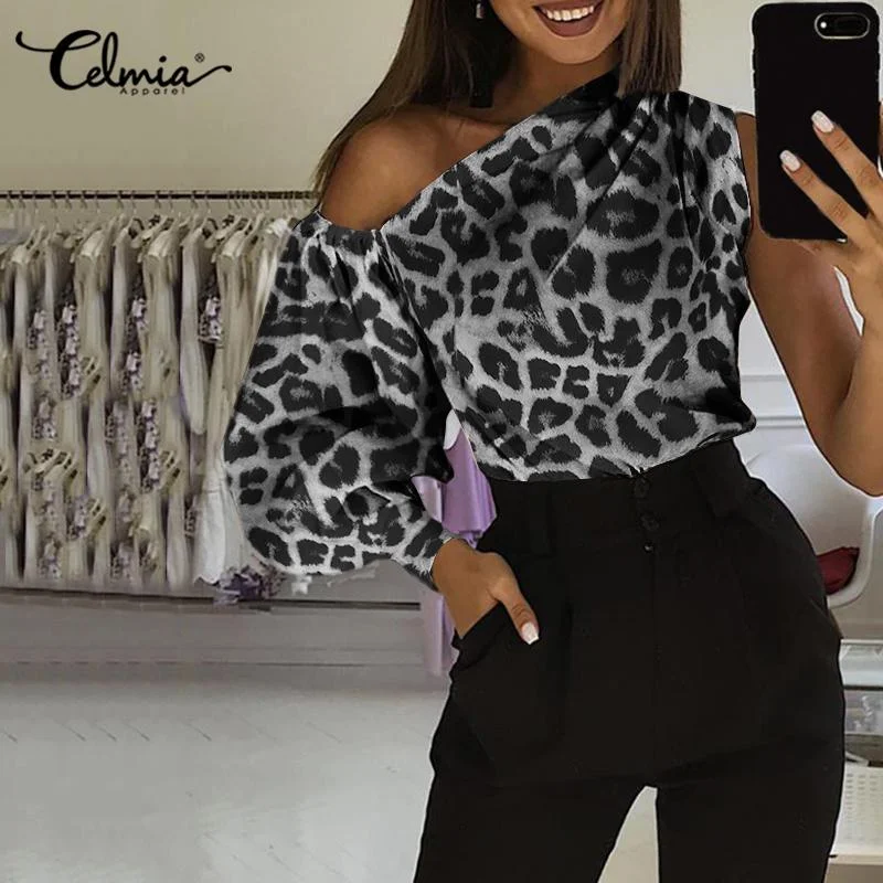 S- Women's Blouses Fashion Tops Celmia Sexy One Off Shoulder Leopard Printed Shirt Casual Long Lantern Sleeve Office Blusas 7
