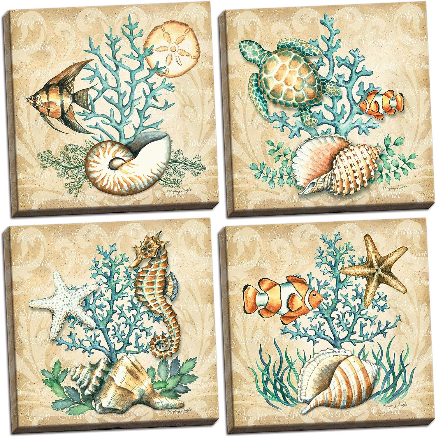 Gango Home Dcor Sea Life Still Life Collages; Shells, Seahorses, Reef Fish, Starfishes & Coral; Four 12x12in Hand-Stretched Canvases, Ready to Hang! Four 12x12 in Canvas