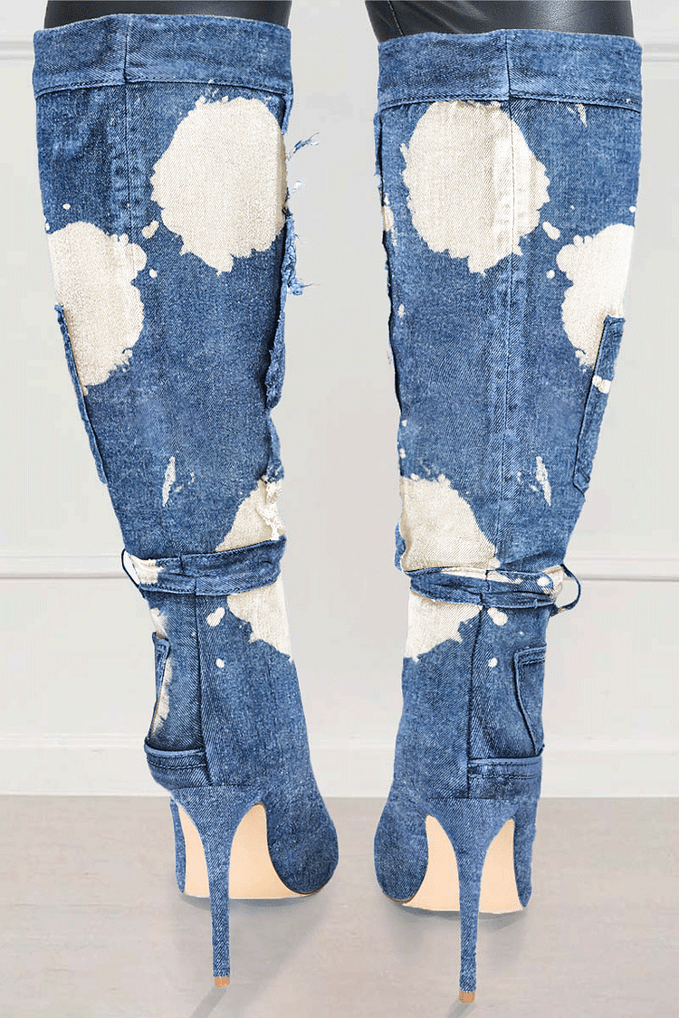 Colorblock Pocket Decor Stiletto Heels Blue Knee High Boots 