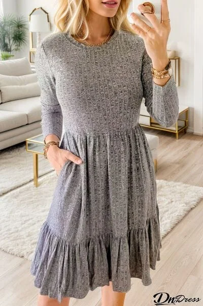 Round Neck Long Sleeve Ruffle Hem Dress