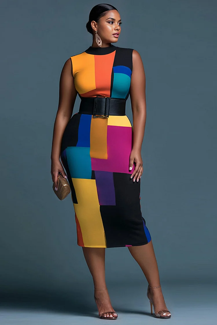 Xpluswear Design Plus Size Business Casual Multicolor Colorblock Round Neck Bodycon Midi Dresses [Pre-Order] 2024 - Xpluswear