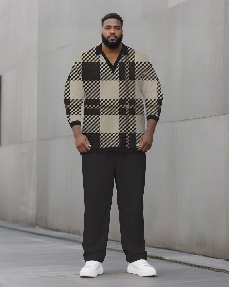 Big & Tall Men's Black Khaka Printed POLO V-neck Long Sleeve Pants Two-piece Set
