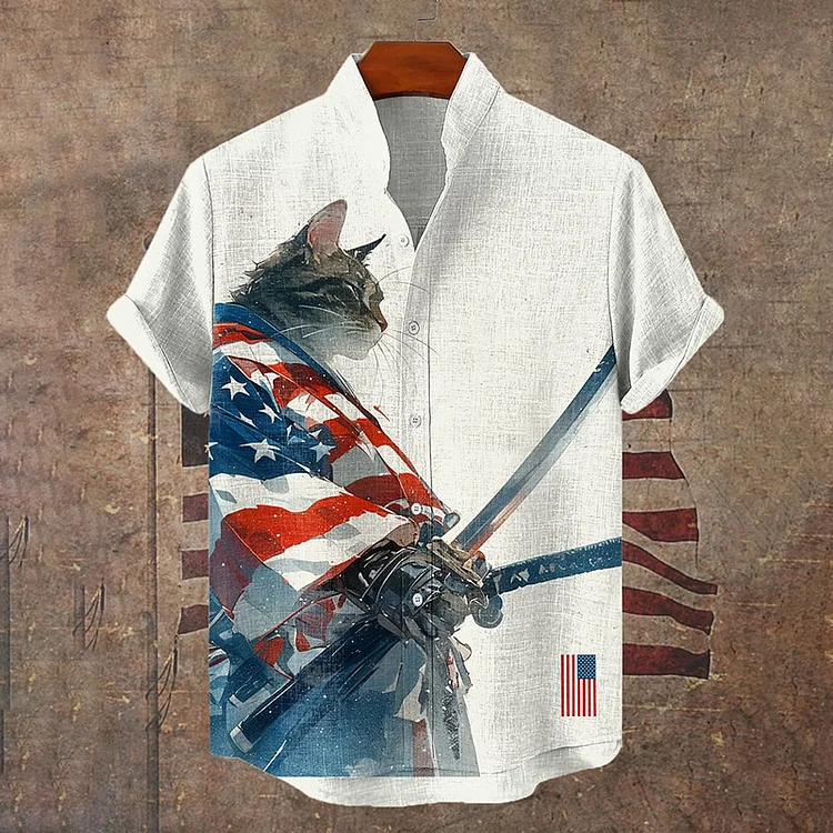 Japanese Art American Flag Robe Cat Ink Painting Short Sleeve Linen Blend Shirt