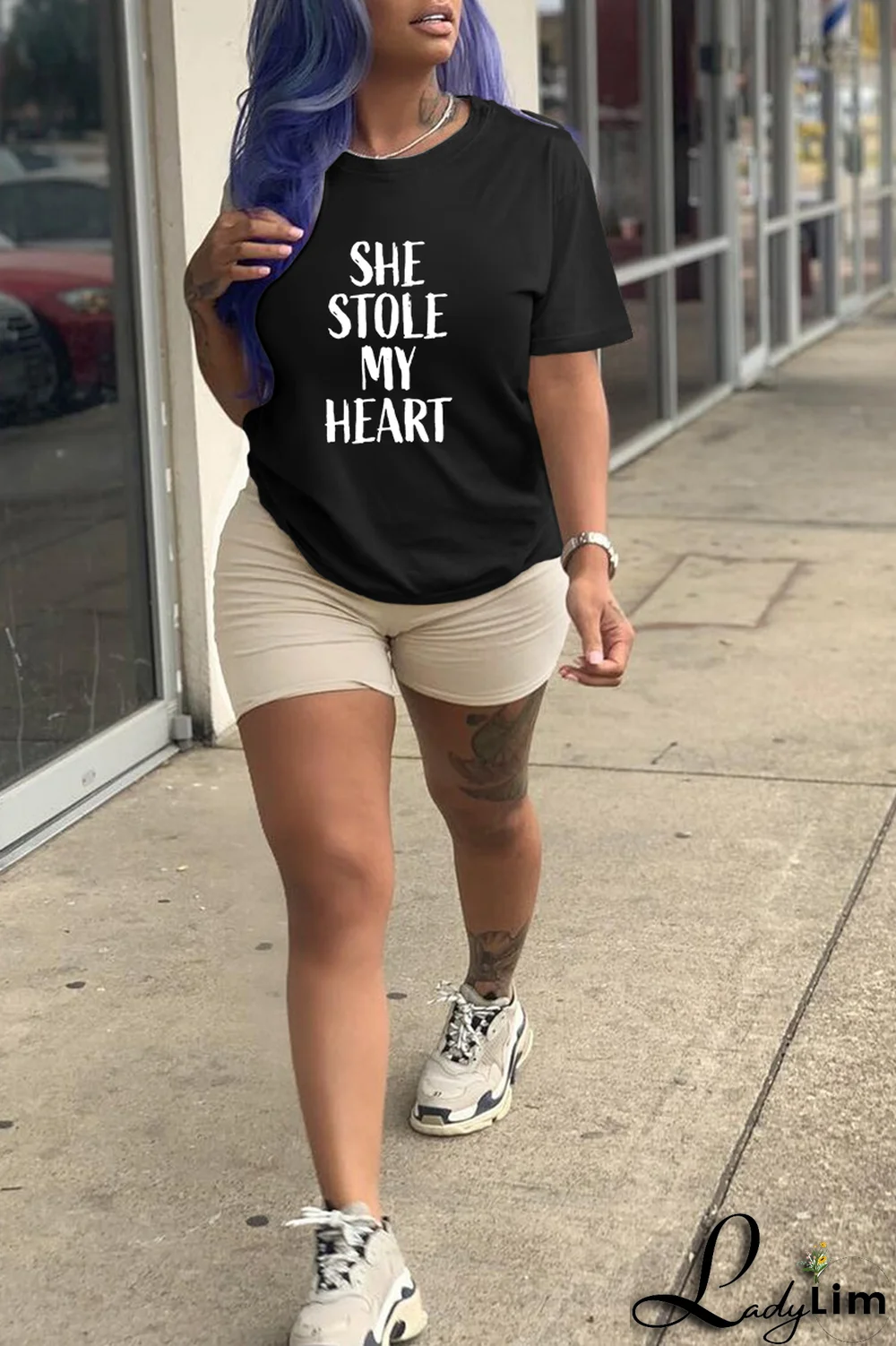 Black Fashion Street Print Split Joint Letter O Neck T-Shirts