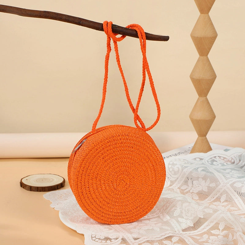 Girl’S Straw Solid Color Cute Round Zipper Shoulder Bag