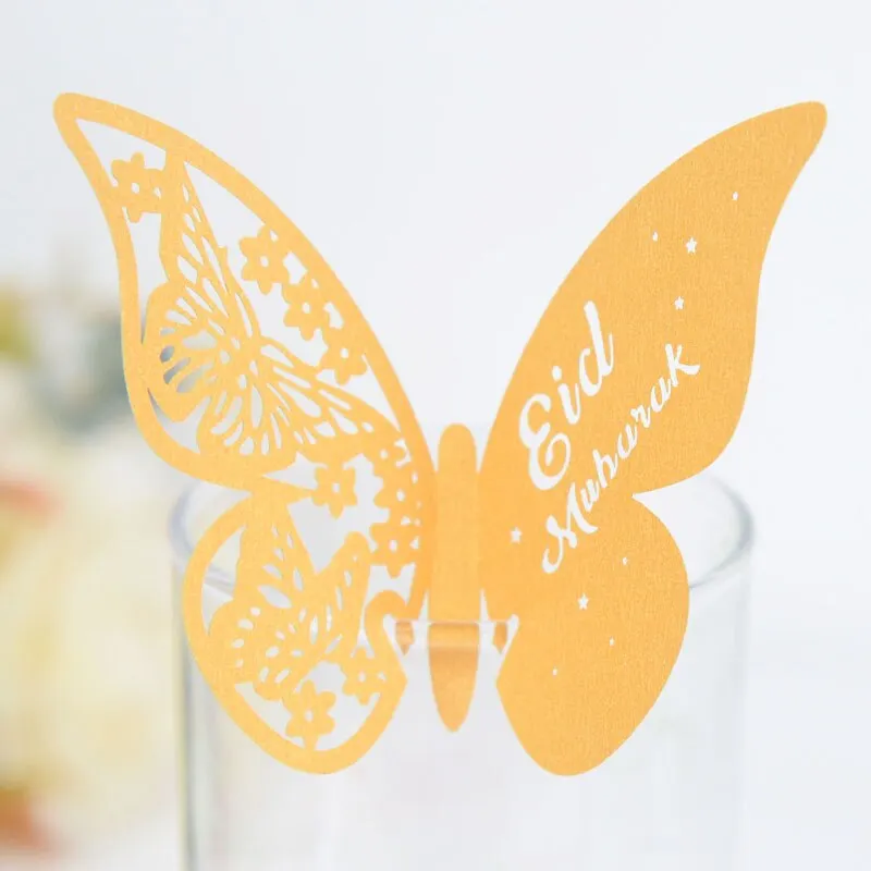 20pcs Eid Mubarak Hollow Butterfly Cup Cards Paper Name Place Seats Card Muslim Islamic Party Dessert Cake Decor Ramadan Kareem