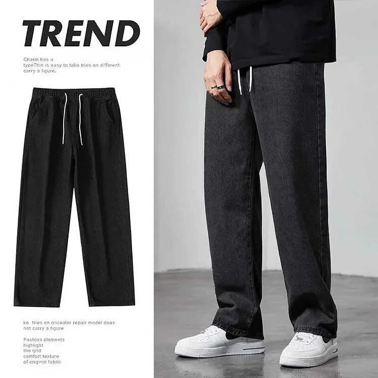 2025 New Hong Kong Style Four Seasons Jeans for Men's Casual Trendy Loose Straight Leg Pants Mid Waist Pure Cotton Elastic Jeans