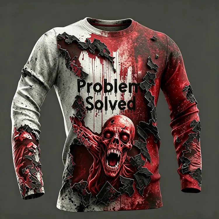 Men's Classic Zombie Breakthrough 3d Problem Solved Horror Art Long Sleeves T-shirt