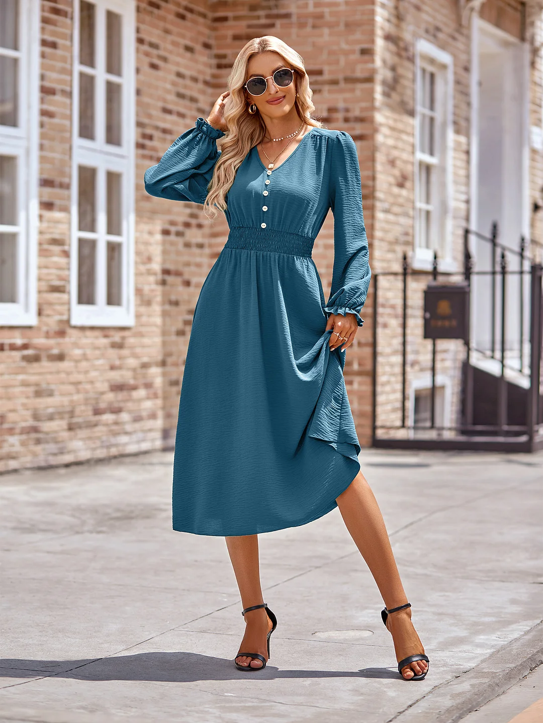 Toloer Toloer Autumn And Winter New Women's V Collar Waist Solid Color Long Dress-Outfit Ideas