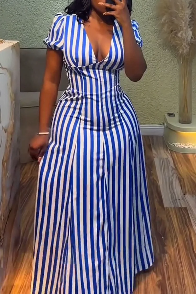 Plus Size Vacation Blue Elegant Striped V Neck Puff Sleeve Short Sleeve Maxi Dresses [Pre-Order]